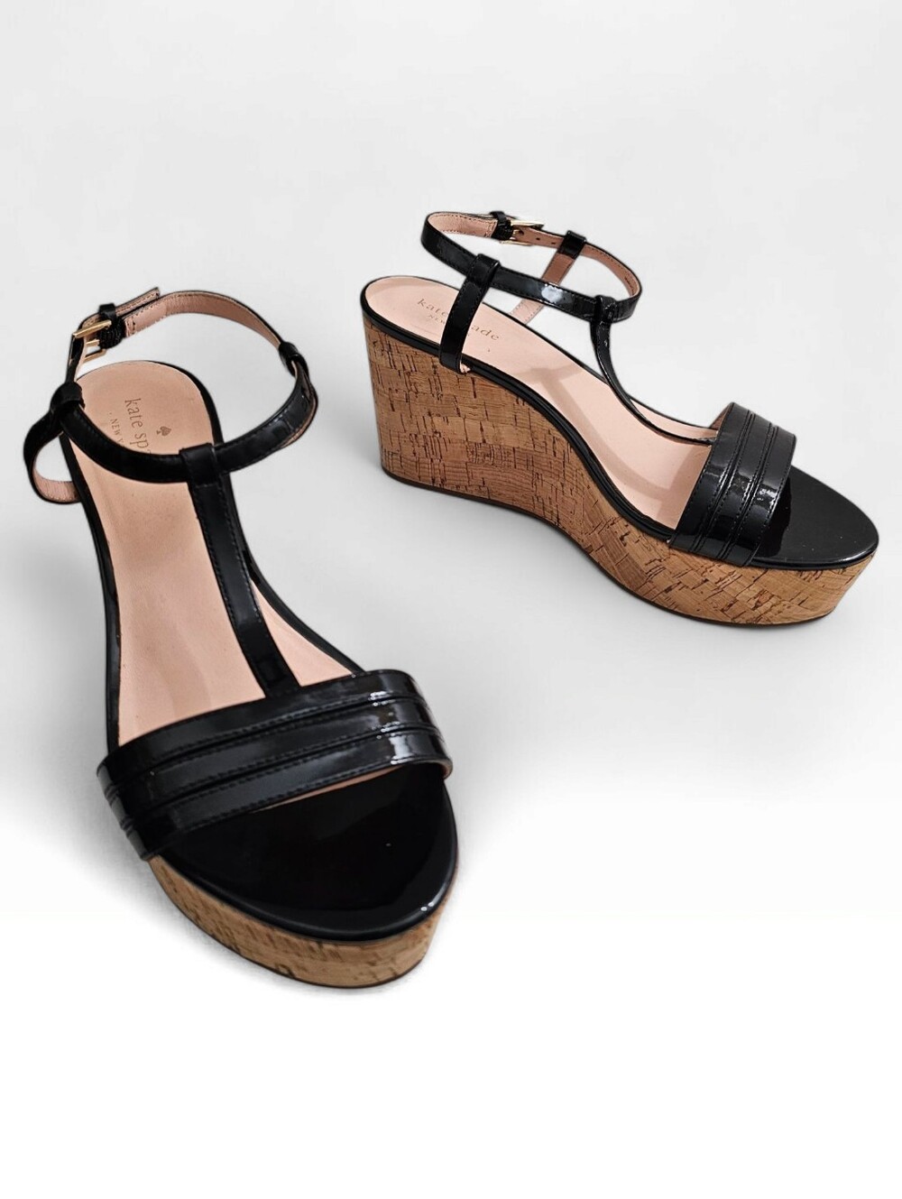 KATE SPADE NY Tallin Black Patent Wedge Cork Platform Ankle Strap Sandals 9M